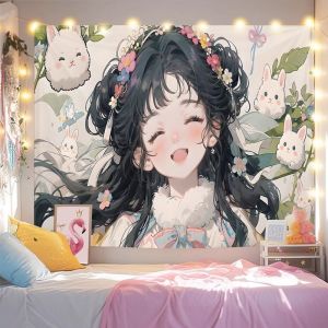 VIKAMA Wreath Girl And White Rabbit Tapestry Fresh Flower Rabbit Anime Illustration Background Cloth Warm Tapestry Room Decor