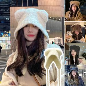 Cute Girl Knit Ear Protection Hat Bear Women Earmuffs Cap Woolen Crochet Bonnet Solid Color Hood Beanies Winter Warm Headgear