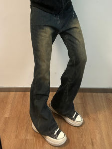 Dufgdc กางเกงยีนส์ขาม้าแมตช์ชุดง่ายแบบซักด้วยน้ำได้แนววินเทจสำหรับผู้ชาย INS กางเกงขายาวทรงหลวมแนวสตรีทสไตล์อเมริกันยอดนิยมใส่แล้วดูผอมเพรียว