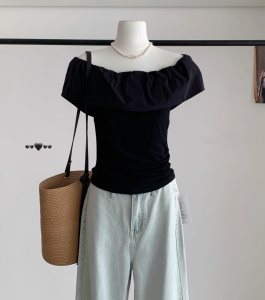 BINKAFENNY | Unique Fashionable White One-Shoulder Ruffle Sleeve T-Shirt Women Summer Slim Fit Korean Style Beautiful Top Unique Design