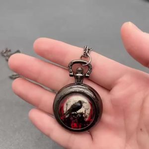 Exquisite Vintage Black Crow Quartz Pocket Watch Necklace Pendant With World Time Feature  Ideal Gift For Men & Women and Kids