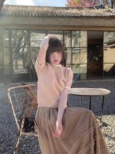 Color Block Lace Collar Bubble Sleeve Summer T-Shirt Knitted