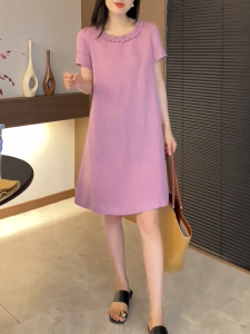 QINGNAER | Lace Collar Pink Plus Size Dress Loose Slimming Midi