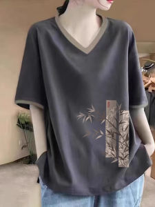 Contrast Color V-neck Loose Short Sleeve T-shirt Slimming