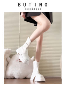 White High Heel Martin Boots Womens Autumn Winter Short Boot Slim Boot Pants Tube Boot Korean Style round Toe Rubber Outsole