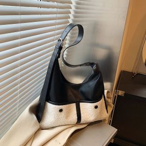 Lamb Fur Spliced Large Capacity Womens Tote Bag Commuter Underarm Bag Single Shoulder Bag Crossbody Bag Korean Style PU Leather