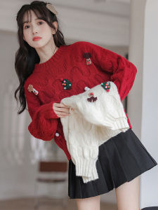 Trendy Christmas Red Short Knitted Sweater Womens Loose Lazy Style Overhead Autumn Winter Warm Thickened Long Sleeve round Neck Top