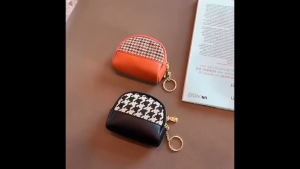Elegant Houndstooth Canvas Ladies Purse Double Layer Card Coin Wallet Keychain Leather Accent