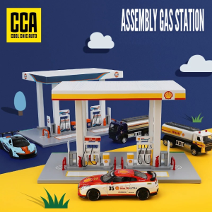 CCA Officially Licensed Shell Gas Station Assembly Playset with Diecast Alloy Model Car and Truck for Kids