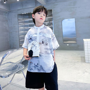Another Sky Brand Boys Summer Short Sleeve Hanfu Set Thin Tang Suit Childrens National Style Clothing Polyester Fabric