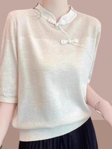 New Summer 2025 Ice Silk Tunic Top Womens Knittedwear with Button Design Half Sleeve National Style Trendsetter Short Sleeve