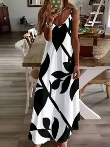 Printed Design Four Seasons casual style Black And White Leaf Pattern V-neck sling dress