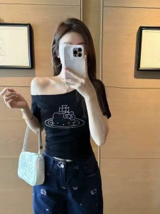 Dopamine Hot Girl Short Sleeve T-Shirt Women Summer 2025 Slim Fit Short Length Asymmetrical Shoulder Beautiful Top