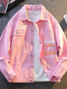 Washed Denim Jacket for Men Loose Fit Spring Autumn Pink Print Casual Outerwear Fashionable Urban Style Long Sleeve Coat