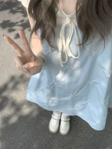 ชุดเดรสฤดูร้อน สไตล์เกาหลี ชุดกระโปรงสั้นแขนกุดคอวี กระโปรงทรงเอ ชุดสองชิ้น ผ้าฝ้ายผสมโพลีเอสเตอร์