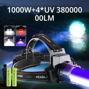 ไฟหน้าอันทรงพลังสุด ๆ 38000000LM ไฟหน้าแบบชาร์จไฟได้ 18650 หัวไฟสูงคบเพลิง UV ไฟหน้าแคมป์
