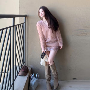 XUECAIQI | Pink V-neck Lace Knitwear and Skirt Set