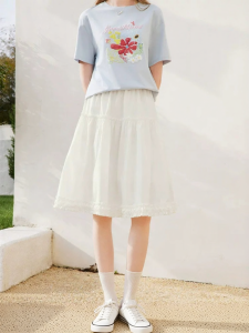 XIANGYING | New High-Waist A-line Midi Skirt with Lace Trim Design White