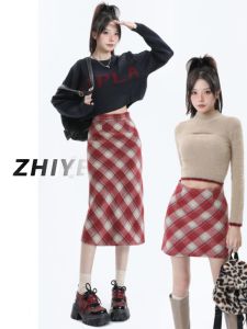 Christmas Red Plaid Woolen Mini Skirt High Waist A-Line Bodycon Womens New 2024 Autumn Winter Short Skirts Commute Style
