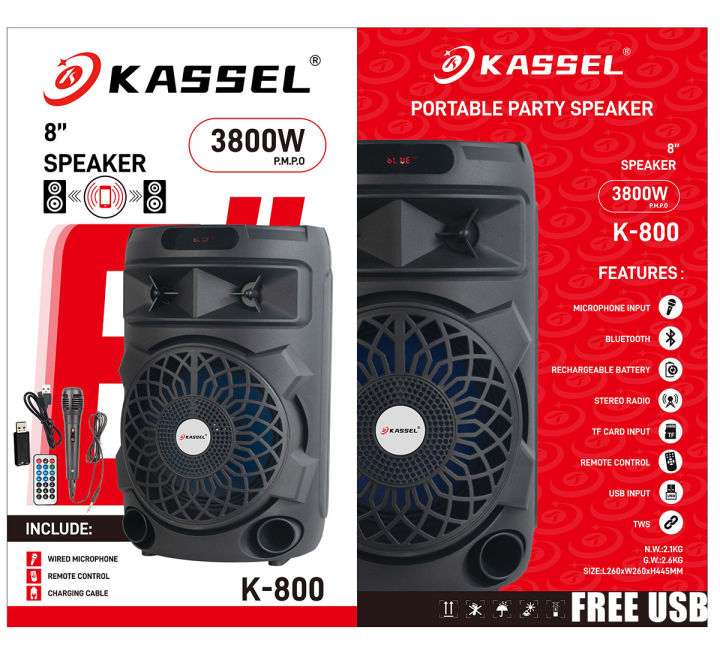 FREE USB KASSEL 8Inches Portable Karaoke Bluetooth Speaker FREE Wired MIC K-800