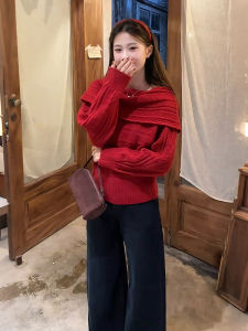 XUECAIQI | Christmas and New Year Outfit Red One-Shoulder Knitted Sweater and Pants