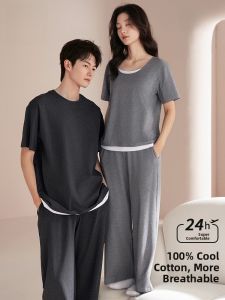 Miiow | Couples Sleepwear Short Sleeve Hooded Casual Cotton Pajamas Mens Loose Fit Home Clothes Summer Outfit Two-Piece Set Pure Color