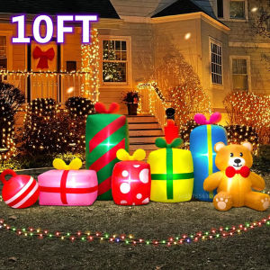10FT/3M Christmas Inflatables Bear And Six Gift Boxes Built-in LED Lights Outdoor Decorations Xmas Yard Decorations for Lawn