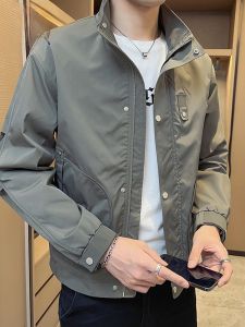 ROMON | Lormen Mens Short Casual Stand Collar Jacket Windproof Spring Autumn Fashion Urban Style Polyester Fiber Long Sleeve Zipper Coat