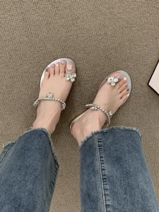 Flower Crystal Cover Toe Flat Heel Sandals Summer Outdoor Beach Vacation Slippers Korean Style Rubber Bottom Comfortable