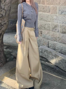 Khaki Wide Leg Pants Womens Loose Floor-Length Trousers Casual Suit High Waist Zipper Polyester Fiber Straight Cut Casual