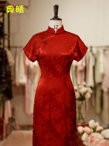 Red Young Style Cheongsam Evening Gown for Women Retro Chinese Traditional High Neck Long Dress Low Slit Short Sleeve Floral