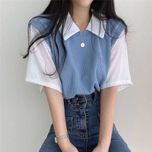 New Women Polo Shirt Summer Women Fake Two-Piece Color-Blocked Short Sleeve Loose Top Girls Casual Basic Shirt Adult Polo Shirt
