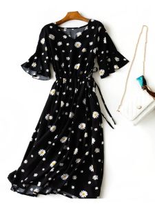 Summer Fresh Cool Cotton Silk Dress Womens Drawstring Waist Cinch Slimming Beach Big Skirt Artificial Cotton V-neck A-line Dress