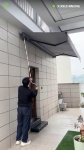 The awning is foldable adjustable and pull-out for use with thick sturdy and rotatable aluminum brackets. It blocks rain and sun without leaking withstands Level 9 typhoons and comes with lifetime free repair parts.