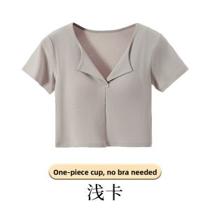 miiow | Cat Woman Summer New Style Short Sleeve V-Neck T-Shirt No Bra Belly Baring Slim Fit Thin Base Shirt Moisture Wicking Thin Fabric