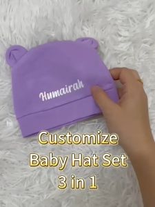 Ready Stock Plain & Customize Name Newborn baby Hat Mittens & Footwear 3in1 Set Baby Hat Glove Socks Anti Scratching