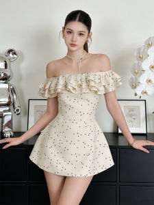 French Dot One-Shoulder Ruffled Elegant Dress