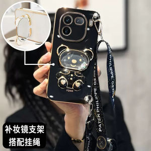 Ốp Lưng điện thoại VIVO IQOO 12 Y27s Y17s Y27 Y36 Y78 V29 V27 Pro V27e 5G 4G vỏ bọc thiết kế mới nóng mạ điện vỏ mềm Silicone với gấu gương trang điểm đứng và dây buộc Case 2024