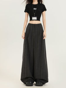 Quần Ống Rộng Kẻ Sọc Xám Mỹ Cạp Cao Xếp Ly Che Giấu Mỡ Bụng Quần Ống Đứng Dài Đến Sàn Phong Cách Thường Ngày Cho Nữ