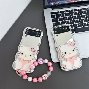 เคสโทรศัพท์ซิลิโคน Kitty Cat สำหรับ Samsung ZFlip6 ZFlip5 ZFlip4 Flip3 W23 Flip ป้องกันการตกหล่น กระจกสำหรับแต่งหน้า หน้าจอพับได้ ลายการ์ตูนน่ารัก
