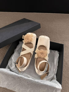 Retro Floral Cross Strap Ballet Flats Low Cut Square Head Gentle Flat Heel Mary Janes Shoes for Women Summer Season