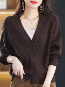 เสื้อคาร์ดิแกนถักแขนยาวสำหรับผู้หญิง ฤดูใบไม้ผลิและฤดูใบไม้ร่วง เสื้อคลุมคาร์ดิแกนแขนกุดสั้นแบบสวมหัว ผ้าขนสัตว์เนื้อนุ่ม สไตล์ทำงาน