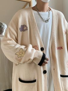 Retro Japanese Style V-Neck Embroidered Sweater Coat Men Women Autumn Winter Fashion Couple Knittedwear Outerwear