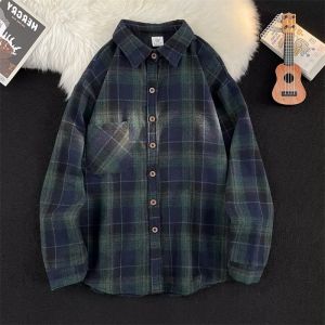 Retro American Color-Contrast Check Long Sleeves Shirt Men and Women Spring & Fall Thin Loose Couple Trendy Brand Checked Shirt Outwear