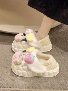 Cute Thick Bottomed Fleece Lined Cotton Slippers for Women Winter Indoor Outdoor Wear Anti Slip Heel Covered Comfortable Shoes