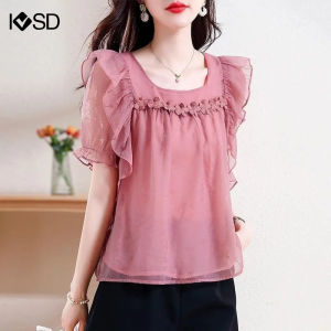 Ivsd Của Phụ Nữ Áo sơ mi voan Ruffles Ren cổ áo vuông Áo phông thời trang áo Cánh Thanh Lịch Cho Phụ Nữ
