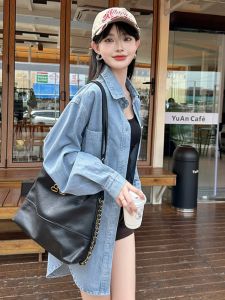 Womens Denim Shirt Jacket Spring 2025 New BF Style Loose Casual Thin Long Sleeve Layered Top Warm Pure Color Mid-Length