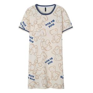 MiiOW | ชุดนอนแขนสั้นผ้าฝ้ายแท้สำหรับผู้หญิงในช่วงฤดูร้อน มีแผ่นเสริมหน้าอก สไตล์การ์ตูน สามารถสวมใส่กลางแจ้งได้ ชุดนอนเย็นสบาย เสื้อผ้าสำหรับใส่อยู่บ้าน