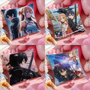 Bandai | Sword Art Online Kirito And Asuna Anime Plush Pillow Cover Soft Short Plush Cushion Cover For Sofa Bedroom Home Decor Gift