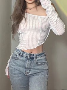 เสื้อยืดแขนยาวเข้ารูป ทรงครอป ทรงเอวสูง ทรงหลวม ทรงลำลอง สำหรับผู้หญิง ฤดูร้อน 2025 แขนยาว ทรงหลวม ปกโปโล คอเหลี่ยม